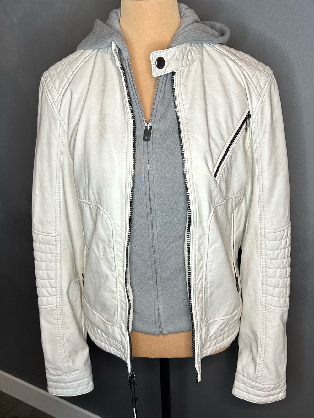Express Off White Quilted-Panel Moto Leather Jacket